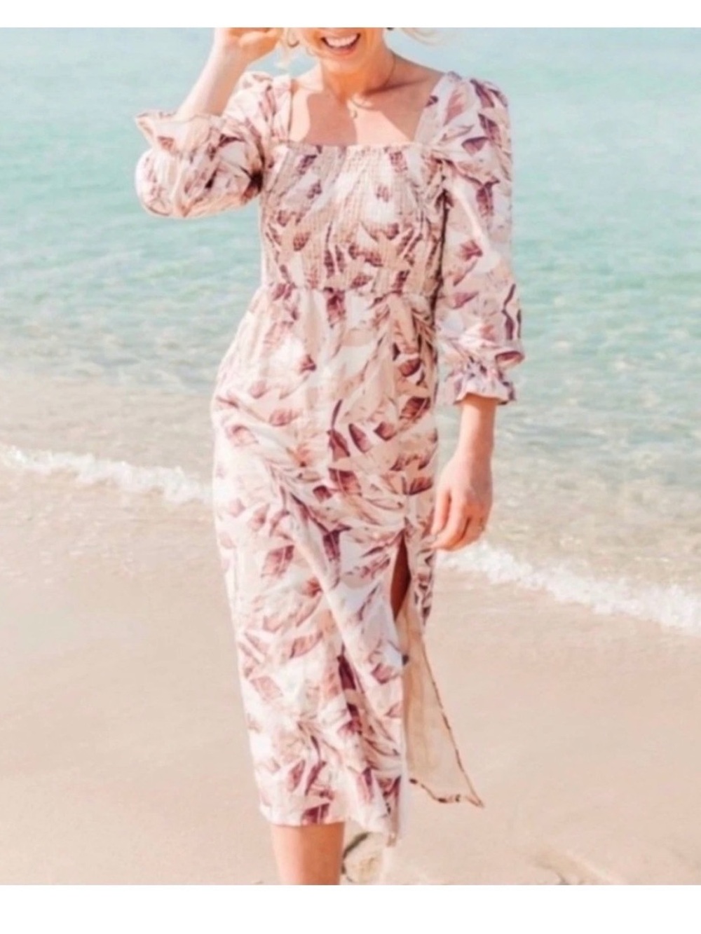 House of Harlow 1960 Blush and Mauve Leaf-Print Midi Dress